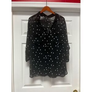 Torrid Gray Bird Print Swallow Roll Tab Sleeve Button Down Blouse Shirt sz 3X EU